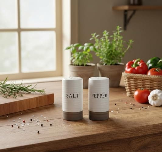 Young's Inc. Farmhouse Ceramic Salt and Pepper Shaker Set - Cute Kitchen Table Accessories and Decor, Small 3-Inch Modern White Rustic Dining Table Decor for Everyday Dining and Gift Giving thumbnail 2