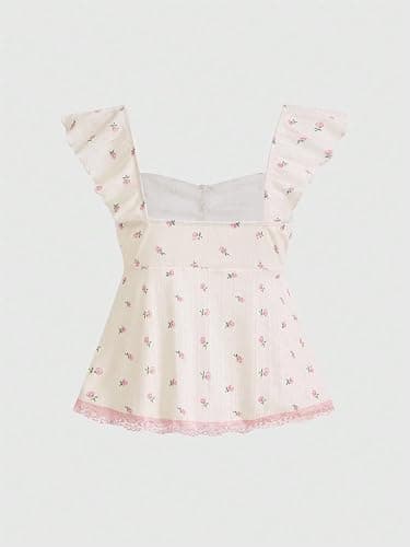 SHENHE Women's Floral Lace Trim Sweetheart Neckline Cap Sleeve Ruffle Peplum Cute Top thumbnail 2