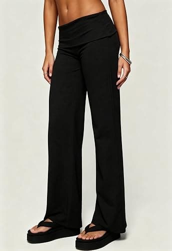 Yiulangde Women Fold Over Pants Low Rise Yoga Flared Leggings Y2k Bottoms | Wide Leg Foldover Pants,Cotton Flare Leggings,Straight Leg Workout Yoga Pants,Cute Sweatpants,Pajama Lounge Work Pants Women thumbnail 2