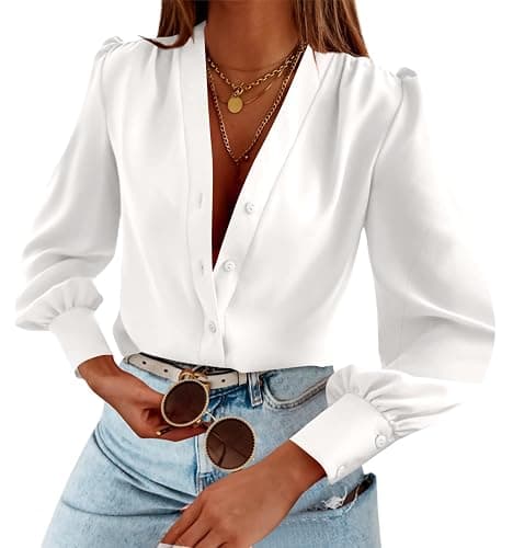 Women's Business Casual Tops Summer Long Sleeve Button Down Shirts V Neck Chiffon Blouses - Image 1