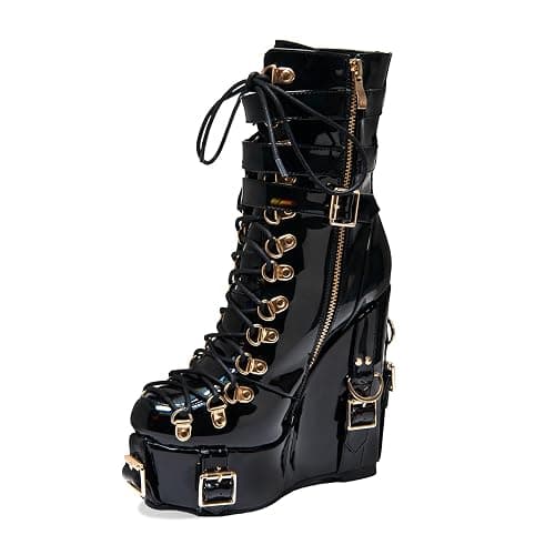 Heronticy Women's Black Patent Lace-Up Ankle Bootie with Gold Buckles, Platform Wedge Heel, and Side Zipper - Image 1