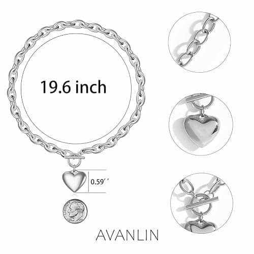 Avanlin Heart Toggle Necklace Silver Plated Chain Choker Charm Pendant Stainless Steel Necklaces for Women thumbnail 3