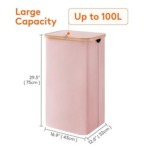 Lifewit 100L Laundry Basket with Lid, Clothes Hampers for Laundry with Bamboo Handles and A Removable Laundry Bag, Large Foldable Laundry Hamper for Bedroom, Bathroom, Dorm, Laundry Room, Pink - Pink - 100L thumbnail 4