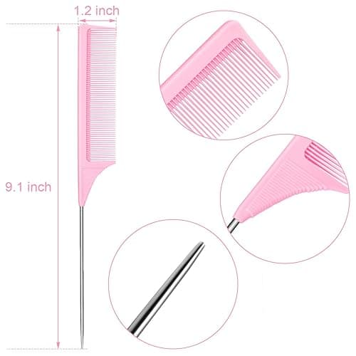 3 Packs 9 Inch Rat Tail Comb Carbon Fiber Heat Resistant Teasing Comb with Metal Pick Styling Parting Lightweight Sectioning Fine Tooth Combs for Women Girls - Pink thumbnail 2