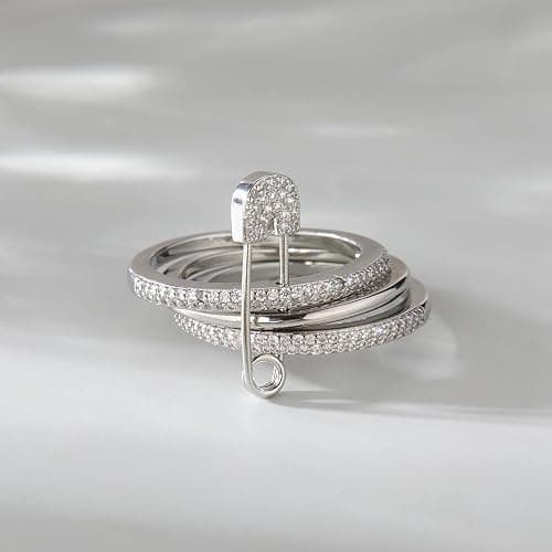 BLBLJERY Safety Pin Silver& Gold Stackable Rings for Women Non Tarnish 14k Gold Plated Statement Ring Set Cubic Zirconia Wedding Rings Thumb Ring Stack Pack Unique Jewelry Gift Women thumbnail 7