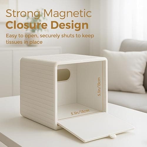 KALEKAIL PU Leather Tissue Box Cover, Square Tissue Box Holder with Magnetic Closure, Modern Cube Tissue Covers Tissue Holders for Bathrooms, Ivory White thumbnail 4
