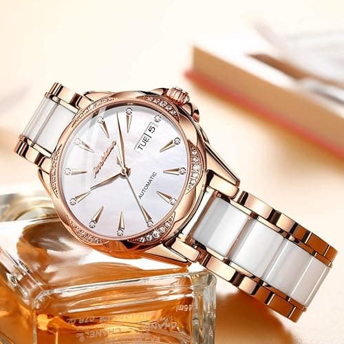 Womens Watch Automatic White Face Ladies Watch Mechanical Waterproof Self-Winding Wrist Watch Rose Gold Pearl Shell Dial Watches Day Date Woman Watches Ceramic Stainless Steel Diamond Watch for Ladies thumbnail 8
