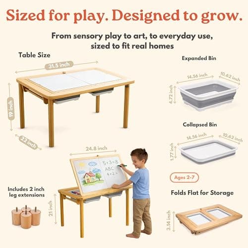 Mama Bear Educational Montessori Sensory Table & Art Easel for Kids & Toddlers | Folding Extendable Legs & Storage Bins, Magnetic Boards & Tiles, Light Box Included | Space-Saving Indoor/Outdoor Play thumbnail 2