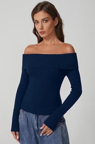 QINSEN Cotton Off The Shoulder Sweater for Women Long Sleeve Ribbed Knit Pullover Sweater Slim Fit Going Out Tops thumbnail 4