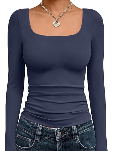 Trendy Queen Womens Long Sleeve Shirts Crop Tops Fall Fashion 2025 Square Neck Going Out Basics Tees Y2k Clothes - Image 1