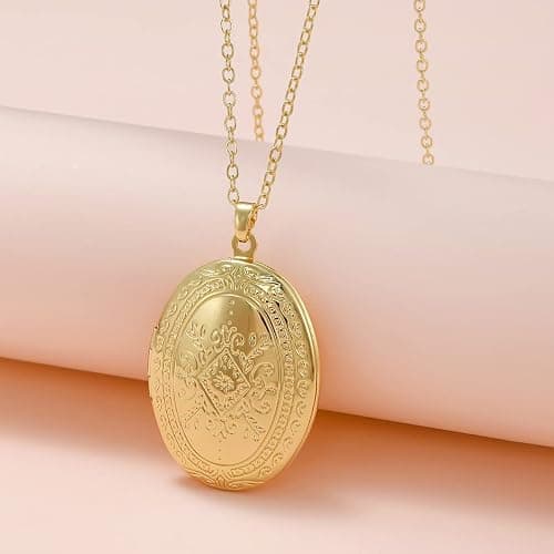 Fuqimanman2020 Vintage Engraved Flower Locket Picture Pendant Necklace Oval Heart Locket Hold Photo Picture Pendant Necklace Memory Jewelry thumbnail 3