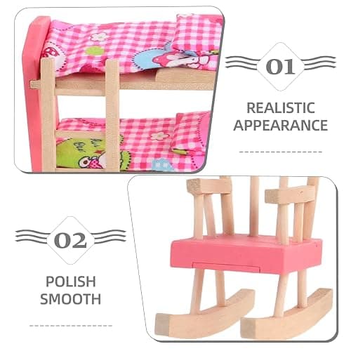 JOINPAYA Wooden Dollhouse Bedroom Furniture: Doll Bunk Bed Rocking Horse Chair, DIY 1:12 Scale Miniature Doll House Decoration Accessories for Ages 3+ Role-Playing thumbnail 9