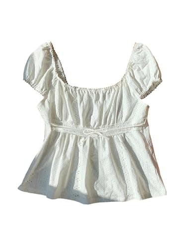 SOLY HUX Girl's Summer Cute Tops Peplum Babydoll Top Eyelet Blouses | Square Neck, Lace, Short Sleeve T-Shirts for Girls thumbnail 6