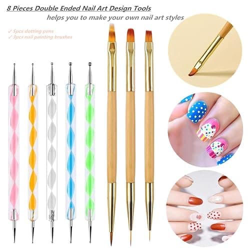 FULINJOY 5PCS Dotting Pens and 3PCS Nail Painting Brushes, Double-Ended Acrylic Nail Art Liner Brush Dotting Pen for Gel Polish Nail Paintings 3D Nail Pattern Detail Brush, Nail Art Design Tools thumbnail 7