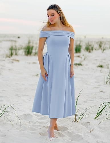 ZESICA Cocktail Dresses for Women's Elegant Off Shoulder Short Sleeve Swing A Line Wedding Evening Party Midi Dress thumbnail 6