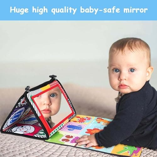 Aolso Tummy Time Mirror & Sensory Toys - High Contrast Newborn Baby Mirror with Crinkle Cloth Book & Teether, Montessori Toys 0-12 Months thumbnail 7