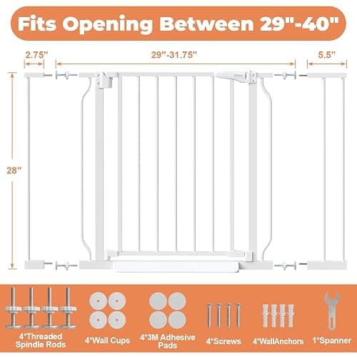 Cideny Baby Gate Auto Close, 29"-40" Dog Gate Indoor for Stairs & Doorways | Pressure Mounted Adjustable Pet Gate Indoor, Easy Walk Through No Drilling Child Gate for Baby & Pet Stroller Friendly, White thumbnail 5