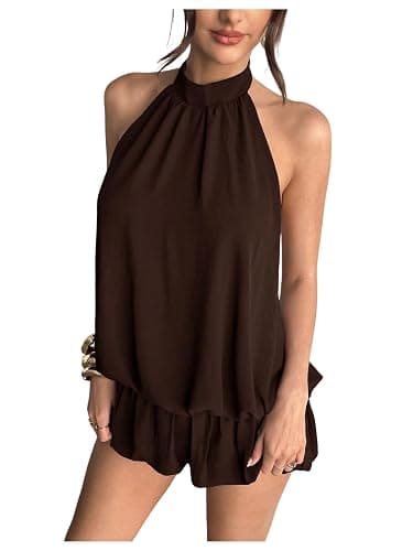 Floerns Women Backless Sleeveless Ruffle Bubble Hem Mesh Halter Mini Dress | Tie Open Back, Drop Ruched Waist, Ruffle Bubble Hem, Loose Fit, Chiffon Halter Dress thumbnail 4