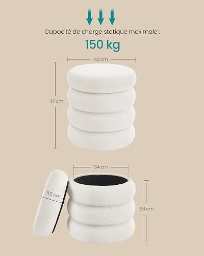 SONGMICS Tabouret de Coiffeuse, Pouf Rond avec Rangement, Repose-Pieds Rembourré, Couvercle Amovible, pour Salon, Chambre, Entrée, Montage Facile, 43 x 47 cm, Tissu Peluche Teddy, Blanc LOM015WD01 thumbnail 6