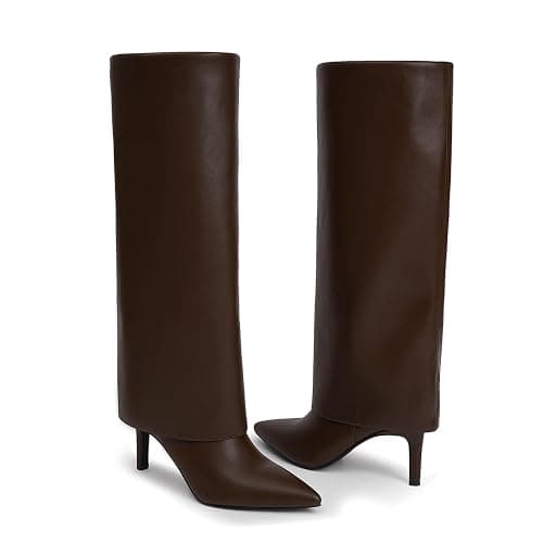 VIUGJNEX Knee High Boots Women Fold Over Boots Pointed Toe Stiletto Heel Long Shark Tall Boots with Zipper thumbnail 5