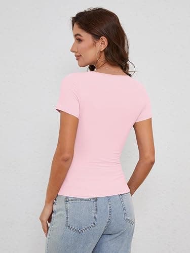 Minetom Damen T-Shirt Slim Fit Basic Kurzarm Crop Top Casual Rundhalsausschnitt Y2K Tops Sommer Oberteile Stretch Eng Mädchen Teenager Streetwear Vintage Aesthetic Outfit - S - A Rosa thumbnail 4