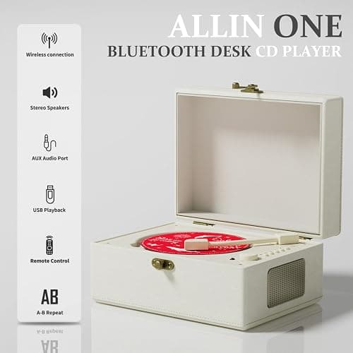 Yintiny Rechargeable Leather CD Player with Speakers, Bluetooth Transmitter, Festival Gift, BGM Player for Home Decor., white thumbnail 2