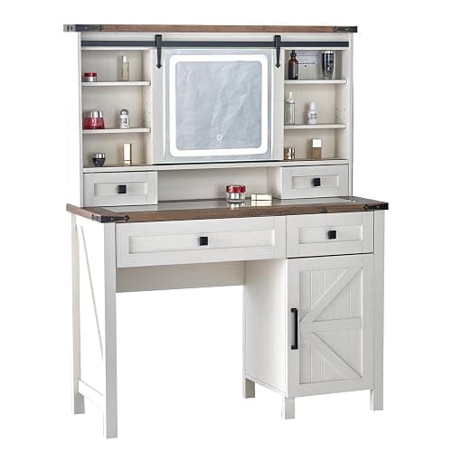 AMERLIFE 42'' Farmhouse Makeup Vanity Desk with Sliding Mirror and Lights, Glass Tabletop Vanity Table with 2 Drawers & Shelves for Bedroom(NO Bench), Antique White thumbnail 8