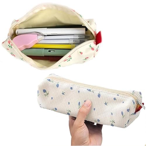 mkemka Big Capacity Cute Pencil Case Set for Girls 2 Pack Pink Blue Portable Canvas Pen Bags with Small Floral Design Ideal for Student Stationery Storage thumbnail 6