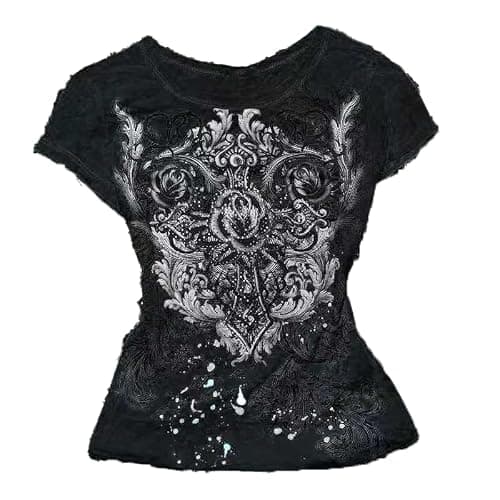 Womens Y2K Gothic Graphic V-Neck Slim Fit T-Shirt Grunge Vintage Short Sleeve Trendy Crop Tops - Image 1