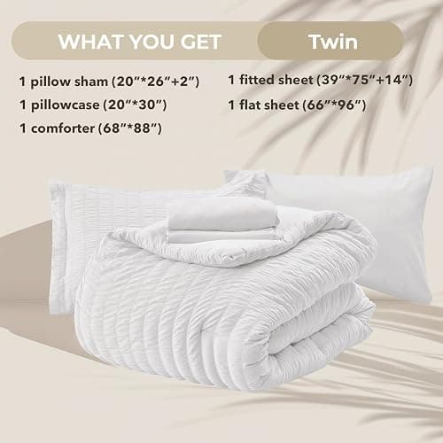 HYMOKEGE White Twin Comforter Set Seersucker 5 Pieces, All Season Luxury Bed in a Bag for Bedroom, Bedding Set with Comforters, Sheets, Pillowcase & Sham thumbnail 5