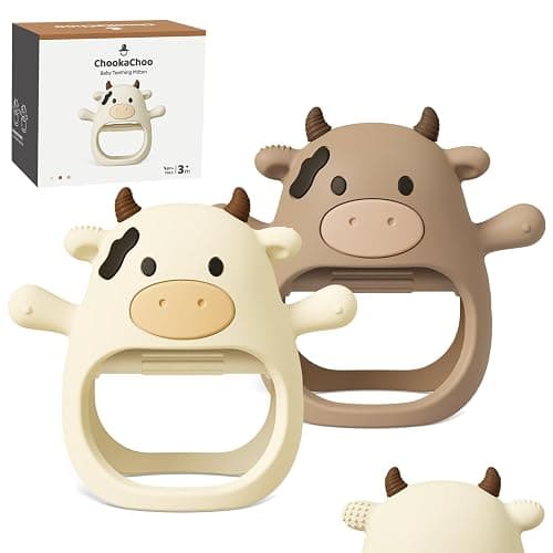 ChooKaChoo 2 Pack Baby Teething Toy for Over 3 Months, Food Grade Silicone Teething Mitten, Anti Dropping Wrist Hand Teethers Baby Chew Toys for Sucking Needs, BPA Free (MooMoo Cow) - Image 1