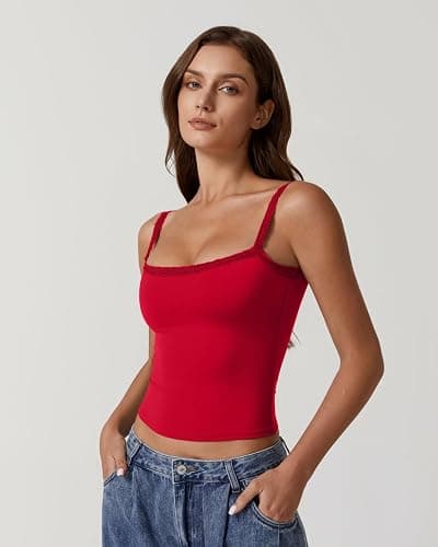 QINSEN Womens Square Neck Lace Trim Tank Top Double Lined Slim Fitted Y2k Going Out Camisole Shirts thumbnail 4