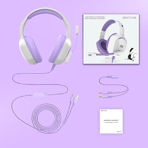 Gaming Headset with Microphone for Pc, Xbox One Series X/s, Ps4, Ps5, Switch, Stereo Wired Noise Cancelling Over-Ear Headphones with Mic, RGB, for Computer, Laptop, Mac, Nintendo (White Purple) thumbnail 7