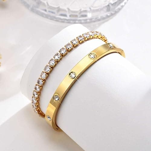 Women Tennis Bracelet Set - Stainless Steel Gold Plated Bangle, Dainty Cubic Zirconia Classic Tennis Cuff Bracelets, Jewelry Set Gift for Mother Best Friends Sister Daughter Girlfriend thumbnail 6