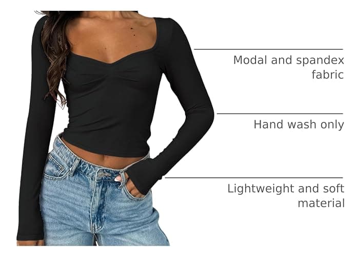 ForeFair Women's Sexy Long Sleeve Going Out Tops Pleated Bustier Shirt Cute Sweetheart Neck Y2K Cropped Top thumbnail 4