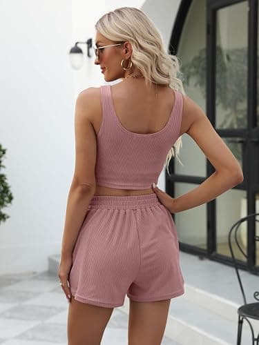 Trendy Queen Two Piece Summer Outfits 2 Piece Sets 2026 Sleeveless Matching Lounge Crop Top High Waisted Short thumbnail 5
