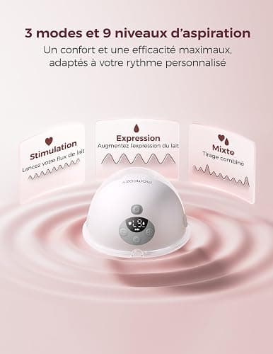 Momcozy M5 Smart Tire-lait Électrique Main Libre, Tire-lait Portable Contrôlé par Application, Pompe Électrique Sans Fil, 3 Modes 9 Niveaux d’Aspiration, Téterelle 24 mm(Gris, 2 Pièces) thumbnail 5
