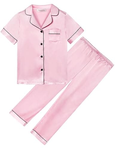 Veseacky Unisex Satin Pajamas Set Boys Girls Silk Pjs Short Sleeve 2 Piece Sleepwear Button-Down Kids Nightwear(4-13T) - Pants-pink - 12-13 Years thumbnail 6
