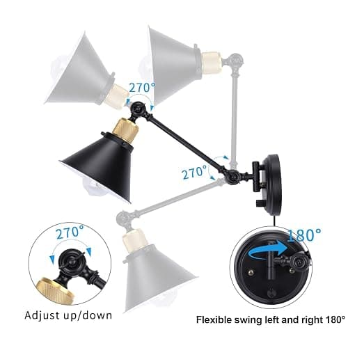 TRLIFE Wall Sconce Plug in, Dimmable Wall Sconces Swing Arm Wall Lights with Plug in Cord, Wall Mounted Light with Dimmer On/Off Knob Switch, UL Listed(2 Pack, 2 Bulbs Included) - Black - 2 Pack thumbnail 4