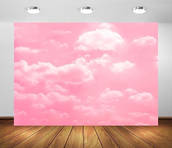 BELECO 7x5ft Fabric Pink Sky White Clouds Backdrop Clear Cloudy Sky Pink Background for Newborn Kids Girl Birthday Baby Shower Party Decorations Banner Photo Studio Shoot Props - Image 1