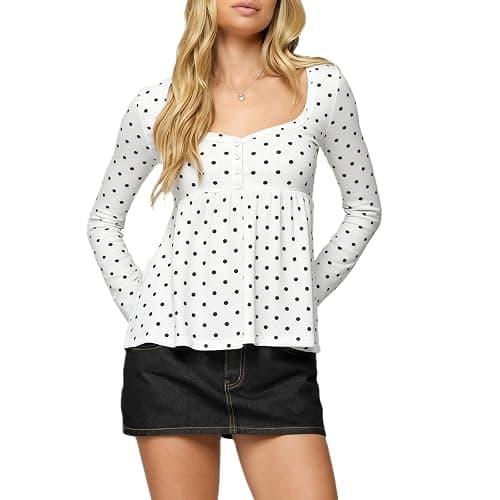Women's Polka Dot Babydoll Top Long Sleeve Sweetheart Neck Flowy Shirt Y2k Cute Teens Going Out Tops - Image 1