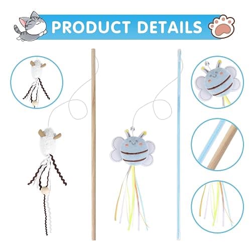 NOWFRESH Cat Wand Toy Set, 2 PCS Interactive Cat Teaser Wands with Cute Bee & Mouse Designs, Equipped with Bells and Streamers to Captivate Your Cat’s Attention thumbnail 3