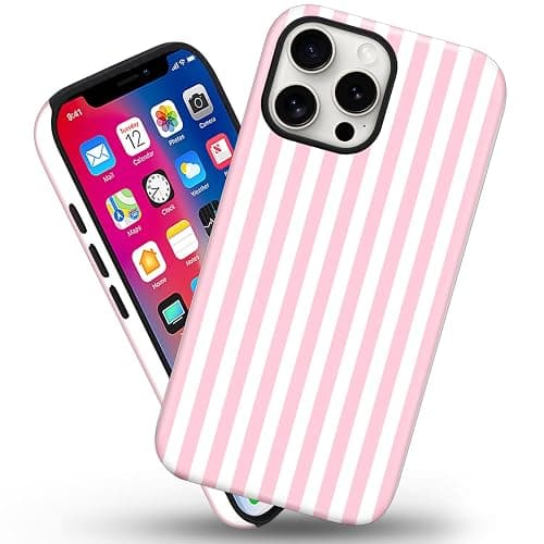 flewfun Magnetic for iPhone 16 Pro Case Cute Stripes Phone Case, Shockproof Slim TPU and Hard PC Protective Phone Cover Compatible with MagSafe Designed for Women Girls, Pink and White thumbnail 2