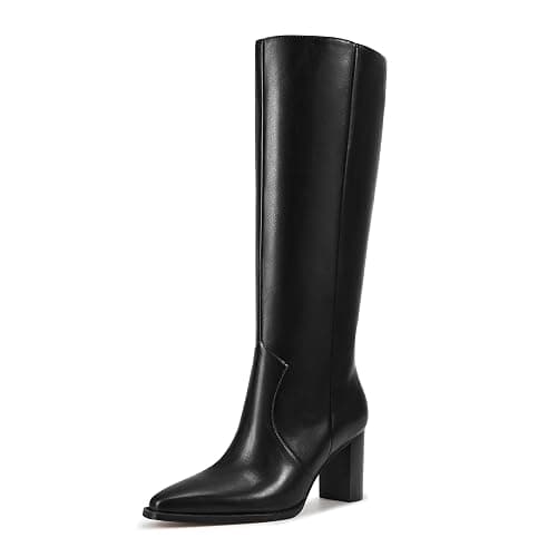 ISNOM Knee High Boots Women Almond Toe Chunky Boots for Women Tall Boots with Full Side Zipper High Heel Long Boots - Image 1