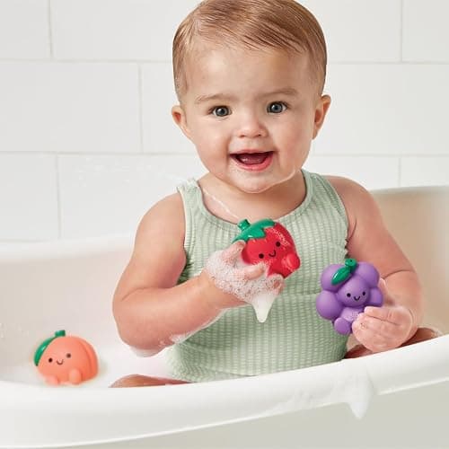 Itzy Ritzy Bath Squirter Toys – Set of 3 Textured, Fruit-Shaped Bath Toys & 1 Sprinkle Strainer – Itzy Splash Pals Promote Sensory Play, Cause & Effect, & Motor Skill Development – 6 Mos & Up (Fruit) thumbnail 2
