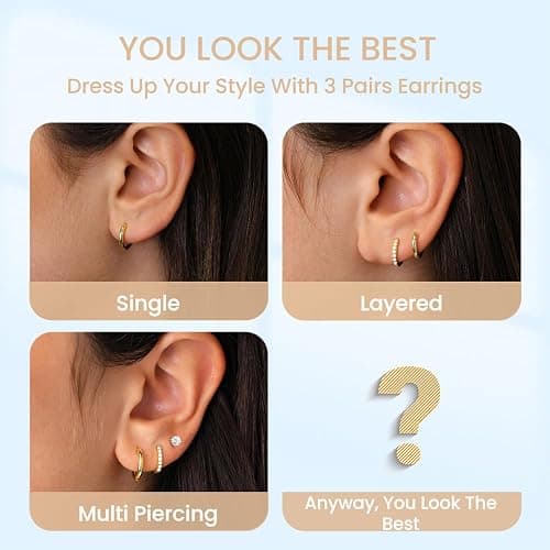 3 Pairs Cute Small Gold Filled Hoop Earrings Set for Women Diamond-Like Shine Cubic Zirconia Stud Earrings for Sensitive Ears thumbnail 4