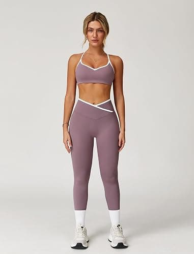 ABOCIW Workout Sets for Women 2 Piece Color Block Strappy Sports Bra High Waist Leggings Gym Yoga Pilates Outfits thumbnail 2