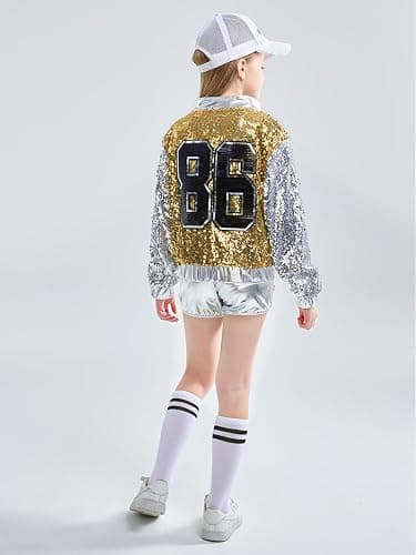 LOLANTA 4-Piece Girls Hip Hop Sequins Costume, Sparkly Graphic Jacket, Shiny Crop Tank Top, Metallic Shorts,4-15 Years thumbnail 5