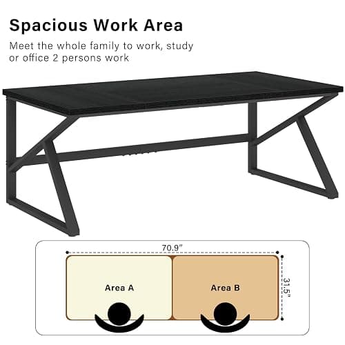 HSH 70 Inch Long Black Desk, Large Metal Wood Computer Desk for 2 Monitors, Modern Home Office PC Laptop Desk for 2 People Executive Writing Work Study Gaming, Simple Bedroom Living Room Black Table thumbnail 4
