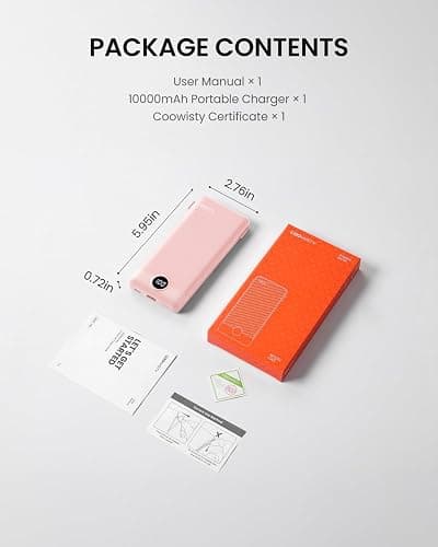 Coowisty Portable Charger Built-in Cables and Wall Plug, 10000mAh Slim USB C Power Bank, LED Display External Battery Pack Compatible with iPhone/Android & More (Pink) thumbnail 8